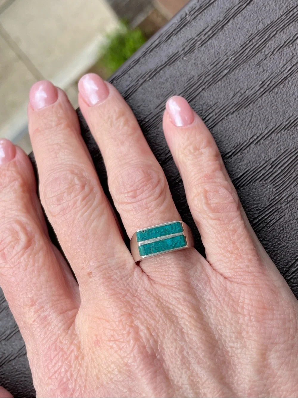 Turquoise Inlay Signet Ring in Sterling with Mexico and Maker Hallmarks, 6.5 - Picture 5 of 15